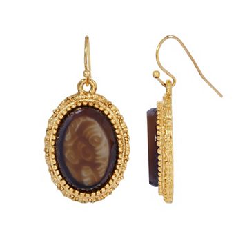 1928 Gold Tone Tortoise Brown Oval Drop Earrings