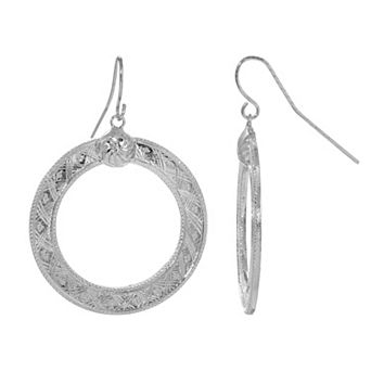 1928 Silver Tone Etched Circle Drop Earrings