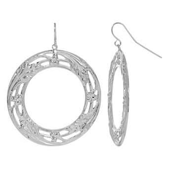 1928 Silver Tone Large Floral Circle Drop Earrings