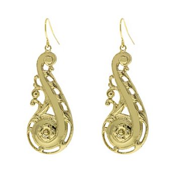 1928 Gold Tone Floral Filigree Swirl Drop Earrings