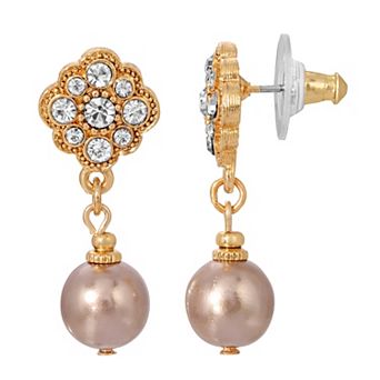 1928 Gold Tone Simulated Sandy Taupe Pearl & Crystal Drop Earrings