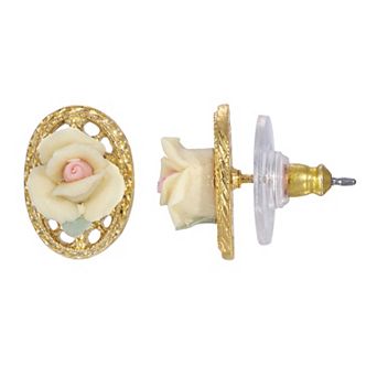 1928 Gold Tone Porcelain Rose Filigree Oval Stud Earrings