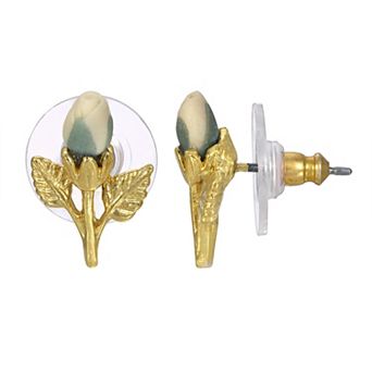 1928 Gold Tone Porcelain Rose Bud Stud Earrings
