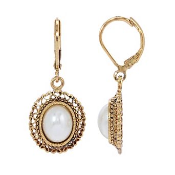 1928 Gold Tone Simulated Pearl Oval Drop Earrings