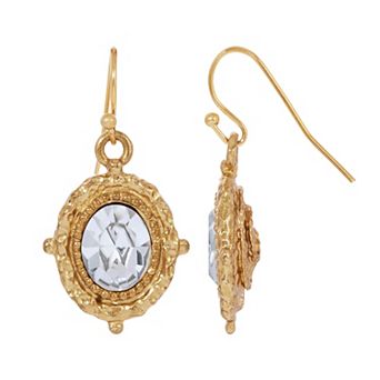 1928 Gold Tone Crystal Oval Drop Earrings