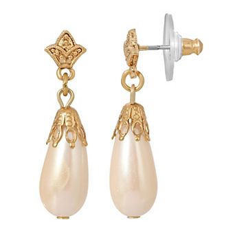 1928 Gold Tone Simulated Pearl Drop Earrings
