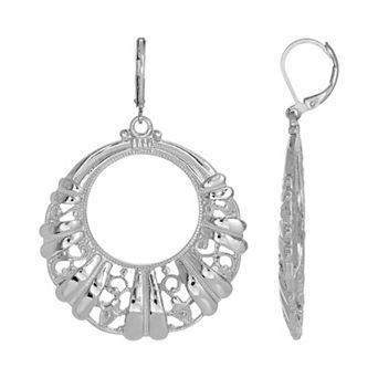1928 Silver Tone Filigree Circle Drop Earrings