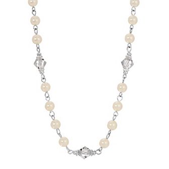 1928 Silver Tone Crystal & Simulated Pearl Strand Necklace