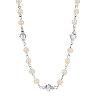 1928 Silver Tone Crystal & Simulated Pearl Strand Necklace