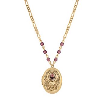 1928 Gold Tone Pink Flower Beaded Locket Necklace