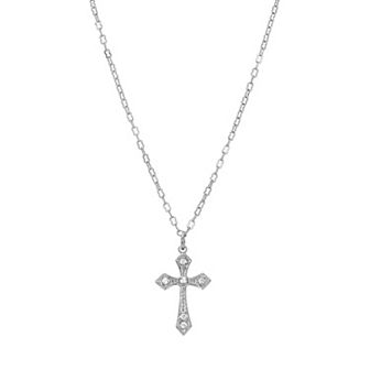 1928 Silver Tone & Crystal Cross Necklace