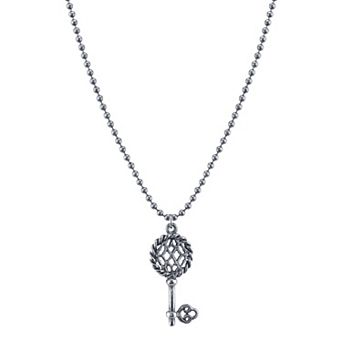 1928 Silver Tone Filigree Key Pendant Necklace