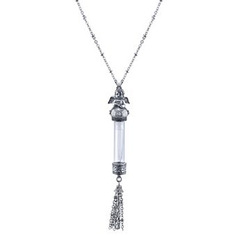 1928 Antiqued Pewter Crystal Angel Vial Tassel Necklace