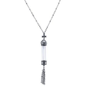 1928 Antiqued Pewter Cross Cap Vial Tassel Necklace