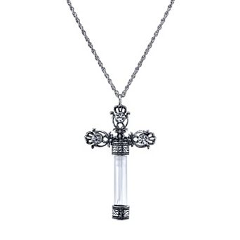 1928 Antiqued Pewter Crystal Cross Vial Necklace