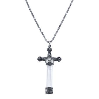1928 Antiqued Pewter Cross Glass Vial Necklace