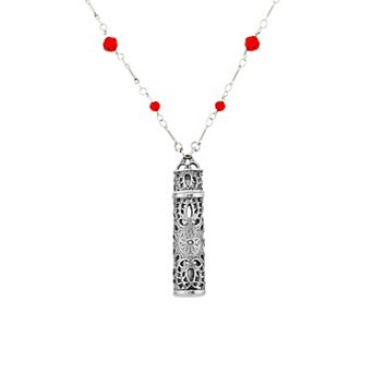 1928 Pewter Filigree Vial with Red Beaded Chain Necklace
