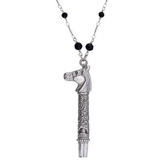 1928 Pewter Horse Head Whistle Black Beaded Necklace
