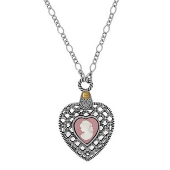 1928 Pewter Heart Pink Cameo Mirror Necklace
