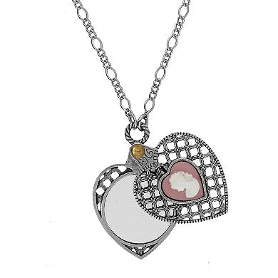 1928 Pewter Heart Pink Cameo Mirror Necklace