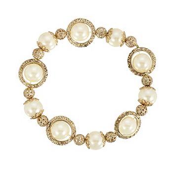1928 Gold Tone Simulated Pearl Filigree Ball Stretch Bracelet