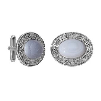 1928 Silver Tone Blue Lace Agate Oval Cufflinks