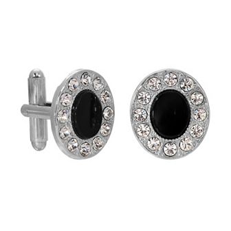 1928 Silver Tone Black Faceted Oval Cufflinks
