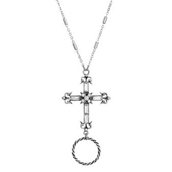 1928 Silver Tone Crystal Cross Eyeglass & Badge Holder Necklace