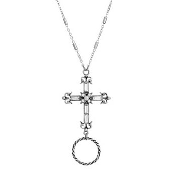 1928 Silver Tone Crystal Cross Eyeglass & Badge Holder Necklace