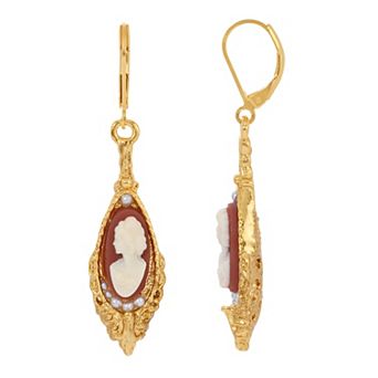 1928 Gold Tone Carnelian Color Cameo Drop Earrings