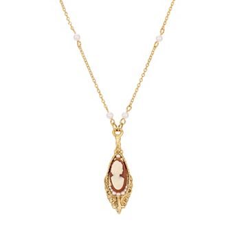 1928 Gold Tone Carnelian Color Cameo Pendant Simulated Pearl Chain Necklace