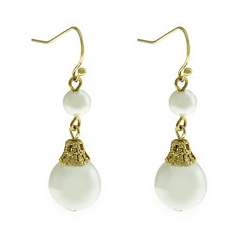 1928 Gold Tone Double Simulated Pearl Drop Earrings