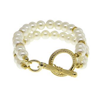 1928 Gold Tone Double Strand Simulated Pearl Toggle Bracelet
