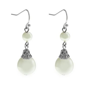 1928 Silver Tone Double Simulated Pearl Drop Earrings