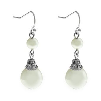 1928 Silver Tone Double Simulated Pearl Drop Earrings
