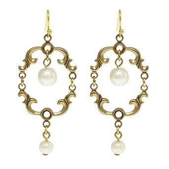 1928 Gold Tone Simulated Pearl Swirl Drop Wire Earrings