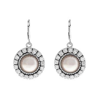 1928 Silver Tone Round Crystal Pink Simulated Pearl Drop Earrings