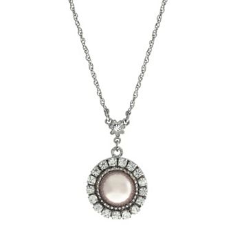 1928 Silver Tone Round Crystal Pink Simulated Pearl Drop Necklace