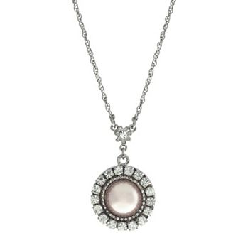 1928 Silver Tone Round Crystal Pink Simulated Pearl Drop Necklace