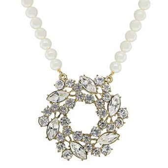 1928 Gold Tone Crystal Wreath Brooch Pendant Simulated Pearl Necklace