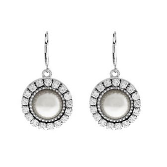 1928 Silver Tone Round Crystal White Simulated Pearl Drop Earrings