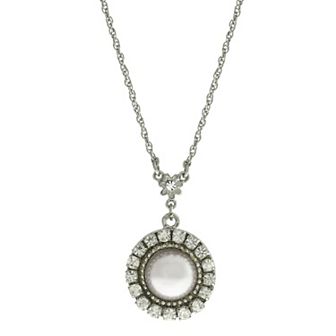 1928 Silver Tone Round Crystal White Pearl Drop Necklace