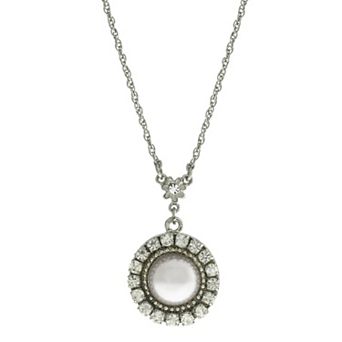 1928 Silver Tone Round Crystal White Pearl Drop Necklace