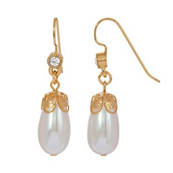 1928 Gold Tone Simulated Pearl and Crystal Accent Drop Earrings