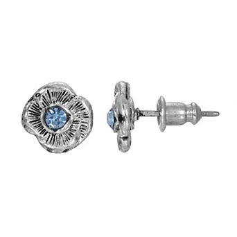 1928 Silver Tone Blue Simulated Crystal Flower Stud Earrings