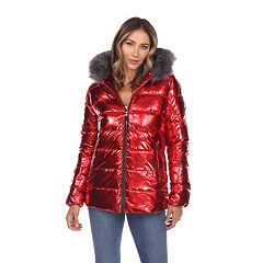 White Mark Women's Metallic Hooded Puffer Coat, Size: Medium, Silver