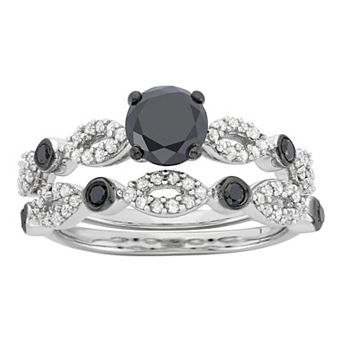 HDI Sterling Silver 1 1/2 Carat T.W. Black & White Diamond Engagement Ring Set