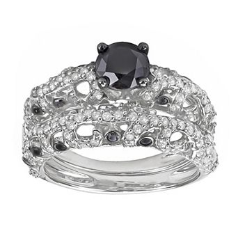 HDI Sterling Silver 2 Carat T.W. Black & White Diamond Engagement Ring Set
