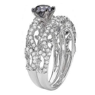 Sterling Silver 2 Carat T.W. Black & White Diamond Engagement Ring Set