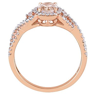 Stella Grace 10k Rose Gold Morganite, White Sapphire & 1/3 Carat T.W. Diamond Halo Ring